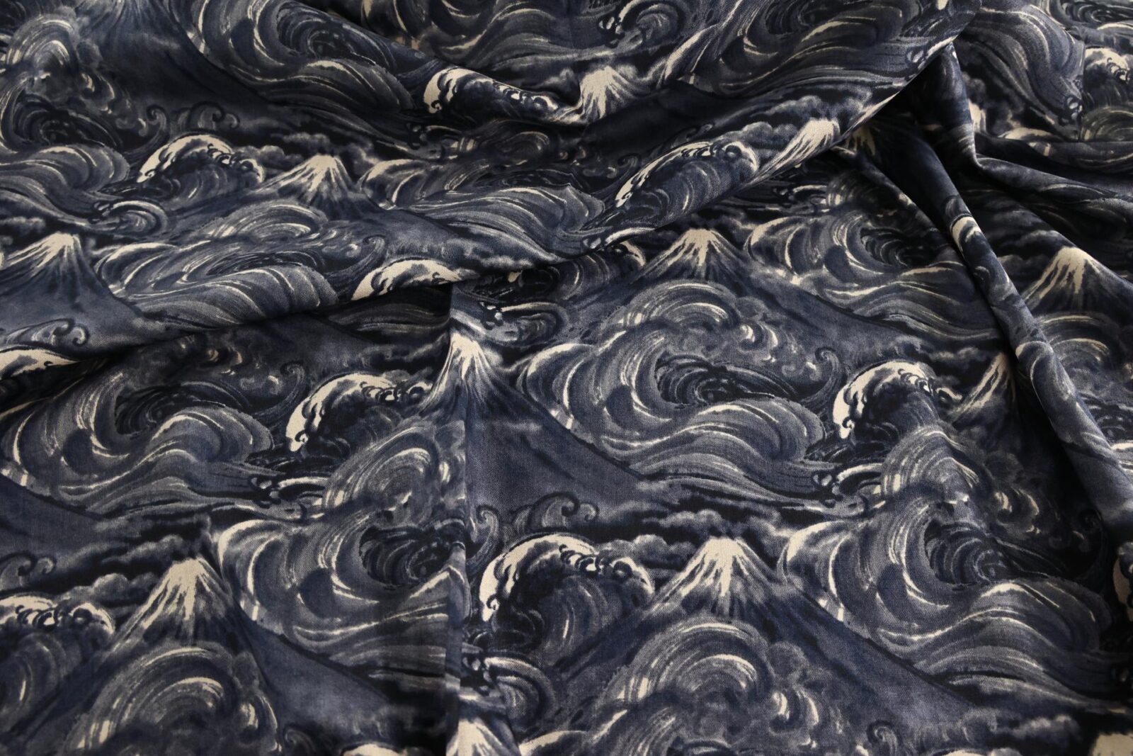 Japanese fabric Mt. Fuji and navy blue waves