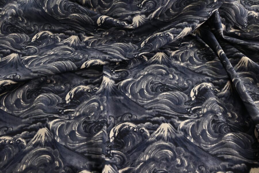 Japanese fabric Mt. Fuji and navy blue waves