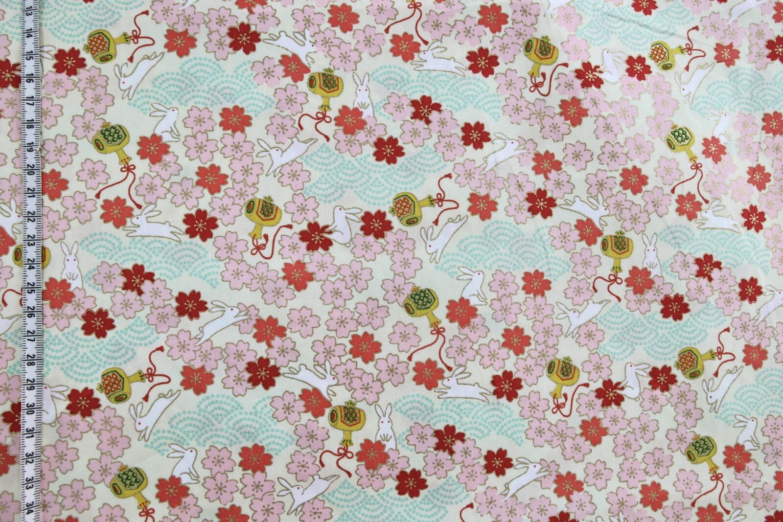 Japanese fabric Usagi and sakura ivory background