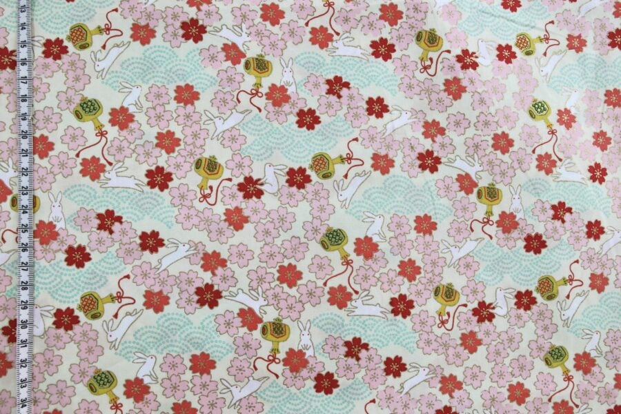 Japanese fabric Usagi and sakura ivory background