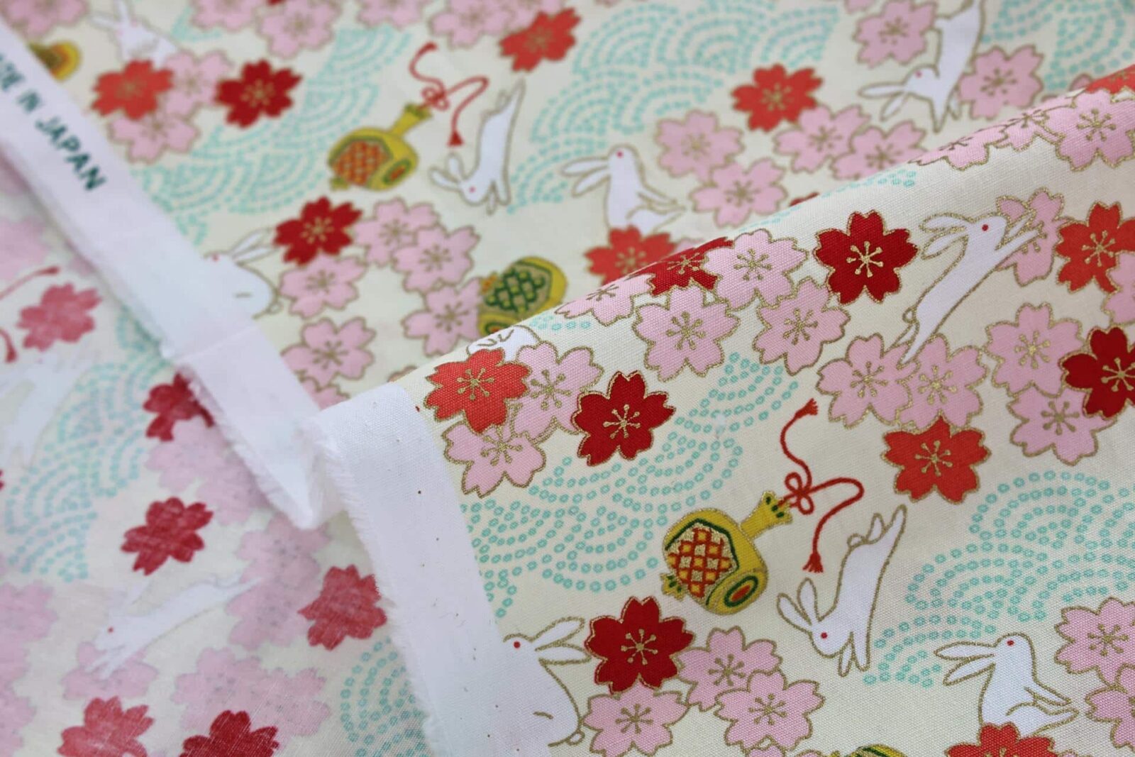 Japanese fabric Usagi and sakura ivory background