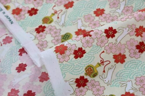 Japanese fabric Usagi and sakura ivory background