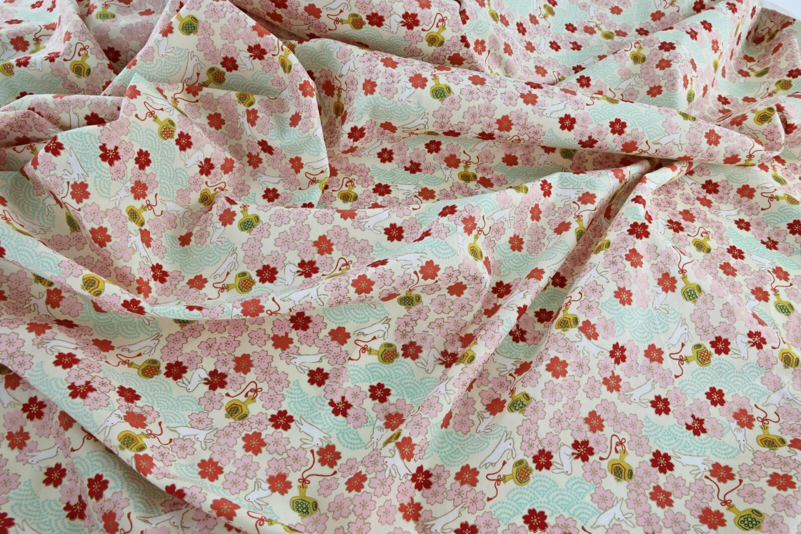 Japanese fabric Usagi and sakura ivory background
