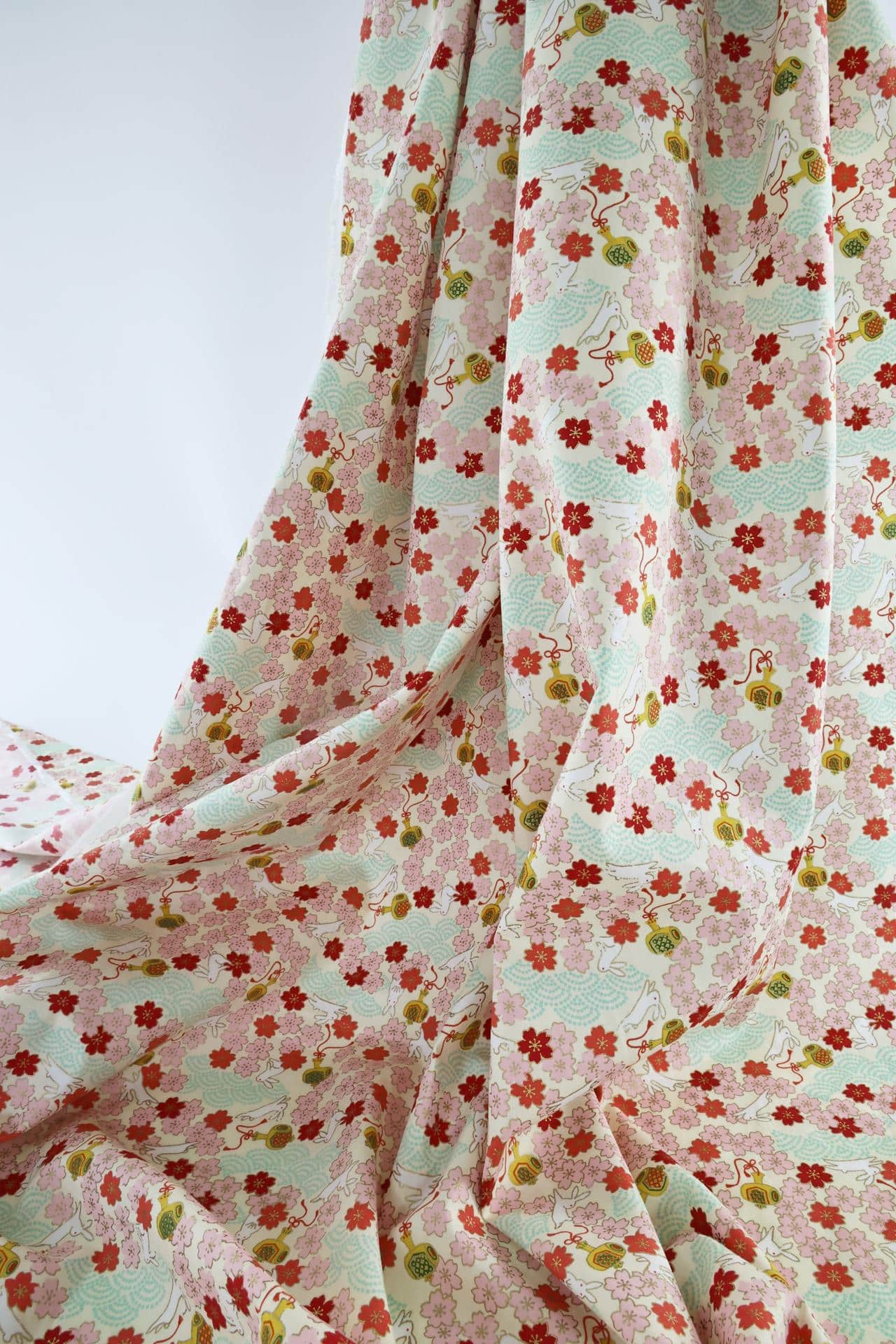 Japanese fabric Usagi and sakura ivory background