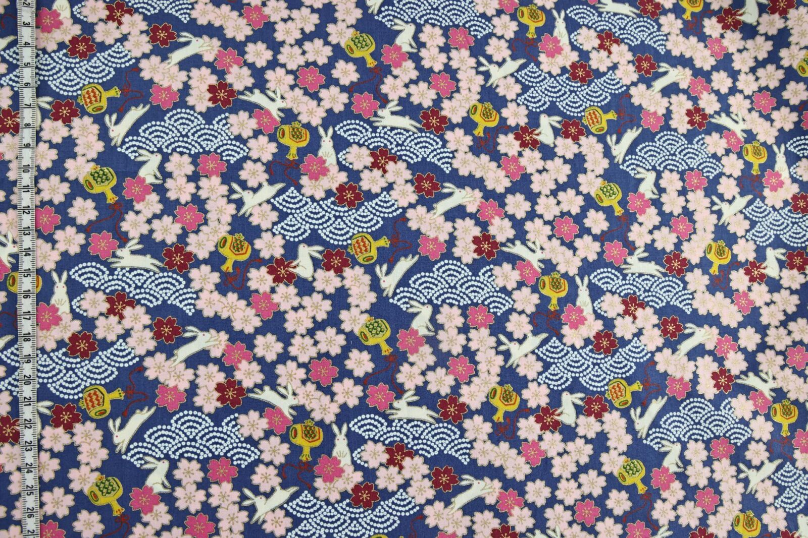 Japanese fabric Usagi and sakura navy blue background