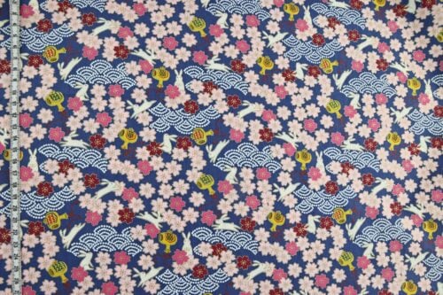 Japanese fabric Usagi and sakura navy blue background