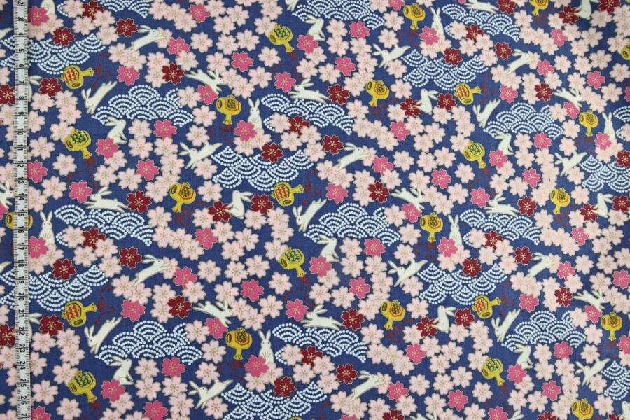 Japanese fabric Usagi and sakura navy blue background