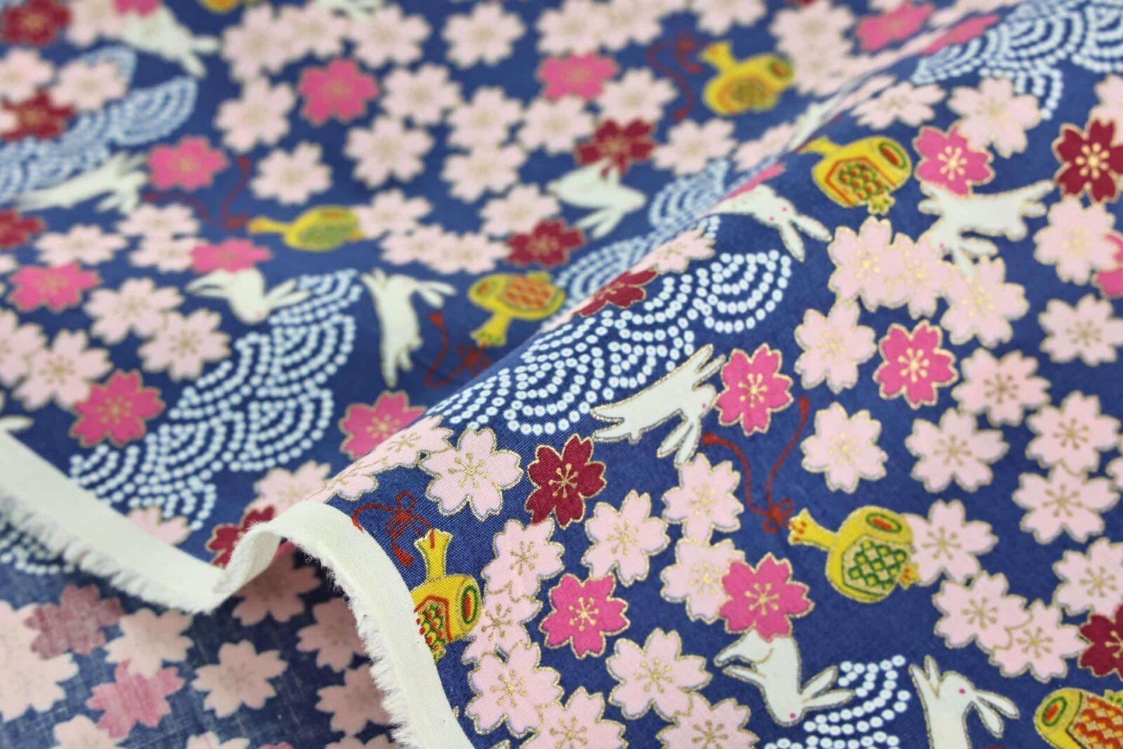 Japanese fabric Usagi and sakura navy blue background