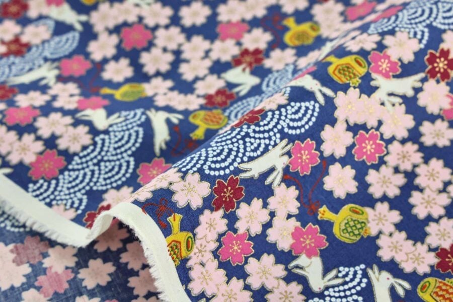 Japanese fabric Usagi and sakura navy blue background