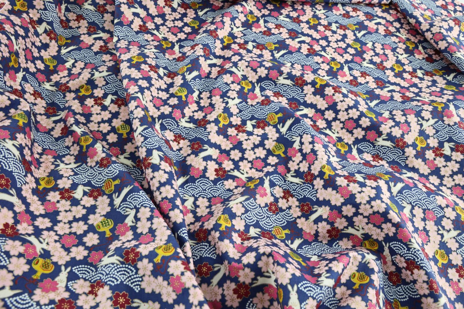 Japanese fabric Usagi and sakura navy blue background