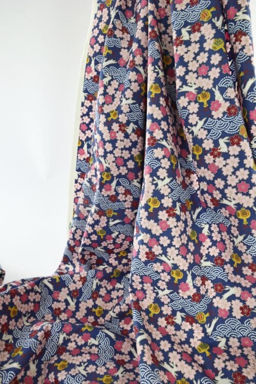 Japanese fabric Usagi and sakura navy blue background