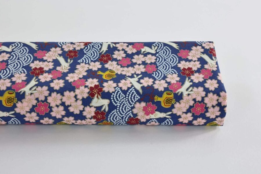 Japanese fabric Usagi and sakura navy blue background