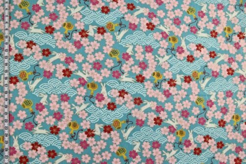 Japanese fabric Usagi and sakura turquoise background