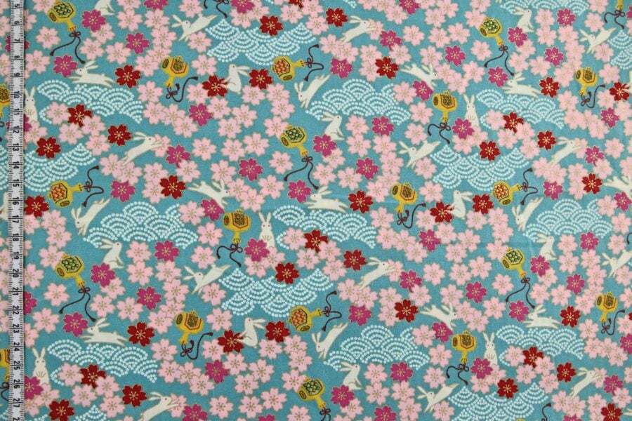 Japanese fabric Usagi and sakura turquoise background