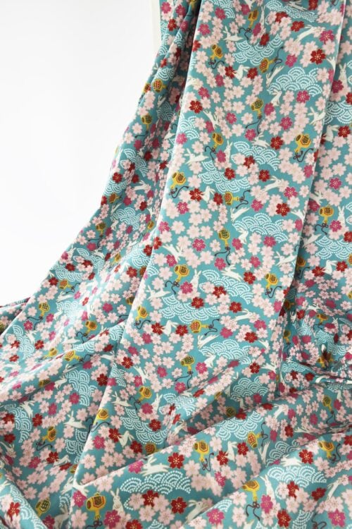 Japanese fabric Usagi and sakura turquoise background