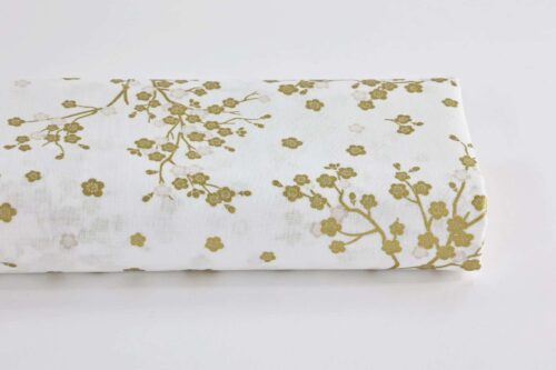 Japanese fabric golden plum blossoms white background