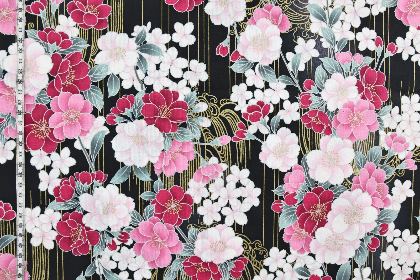 Japanese fabric golden sakura bouquets black background