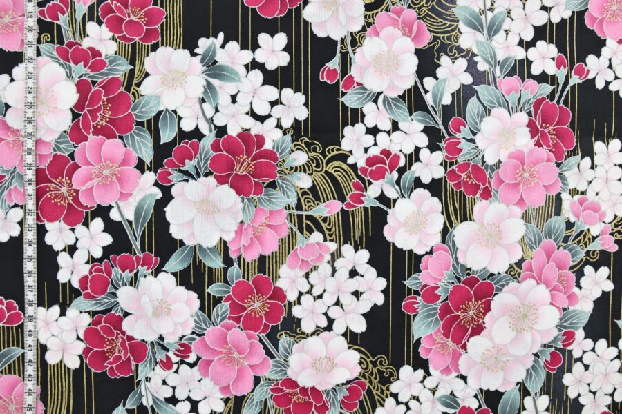 Japanese fabric golden sakura bouquets black background