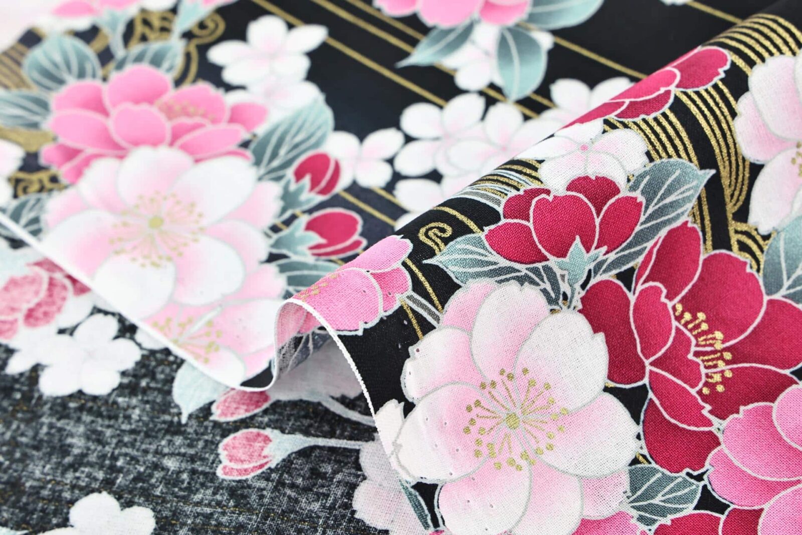 Japanese fabric golden sakura bouquets black background