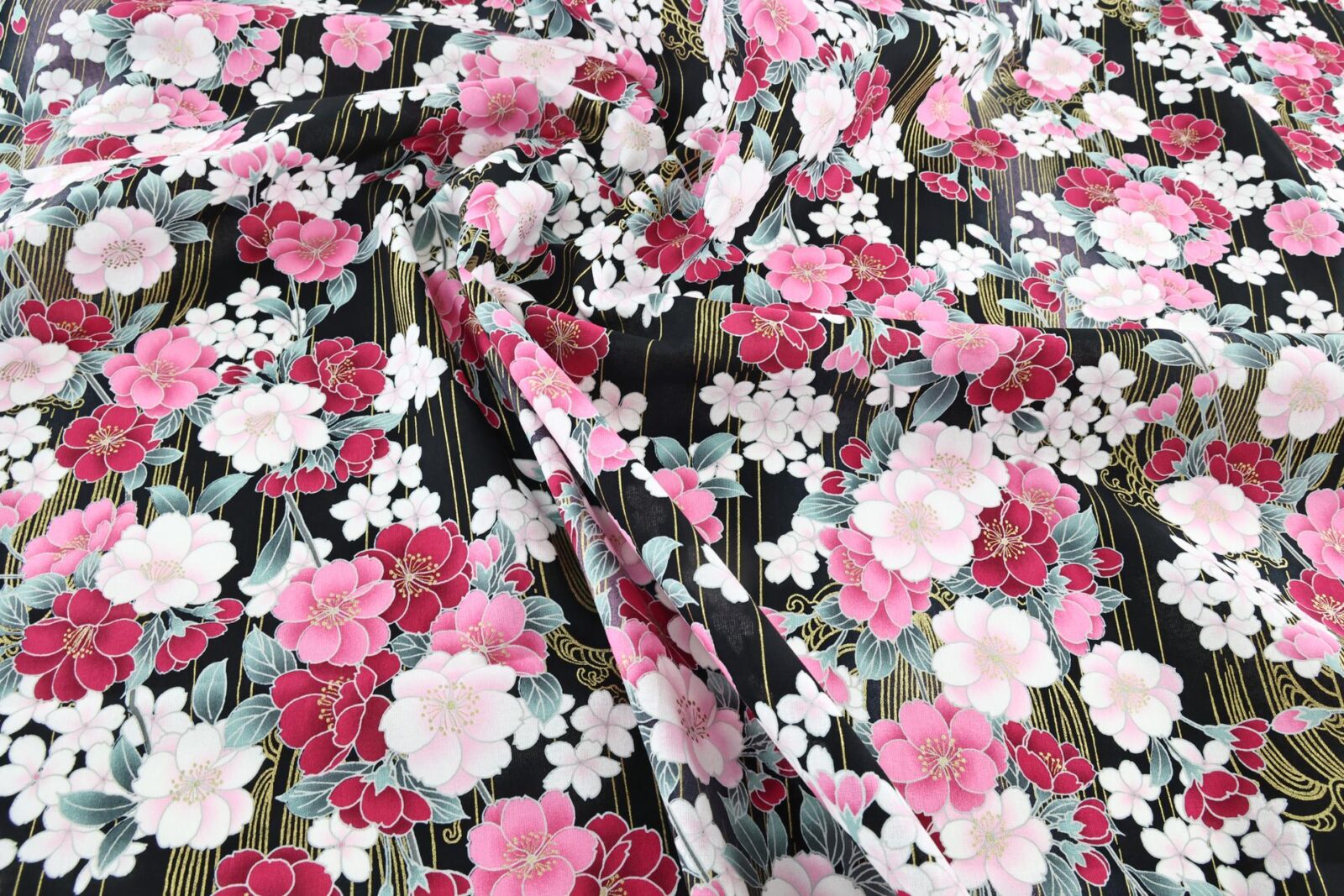 Japanese fabric golden sakura bouquets black background