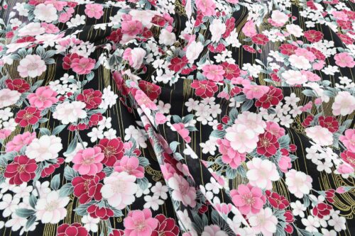 Japanese fabric golden sakura bouquets black background