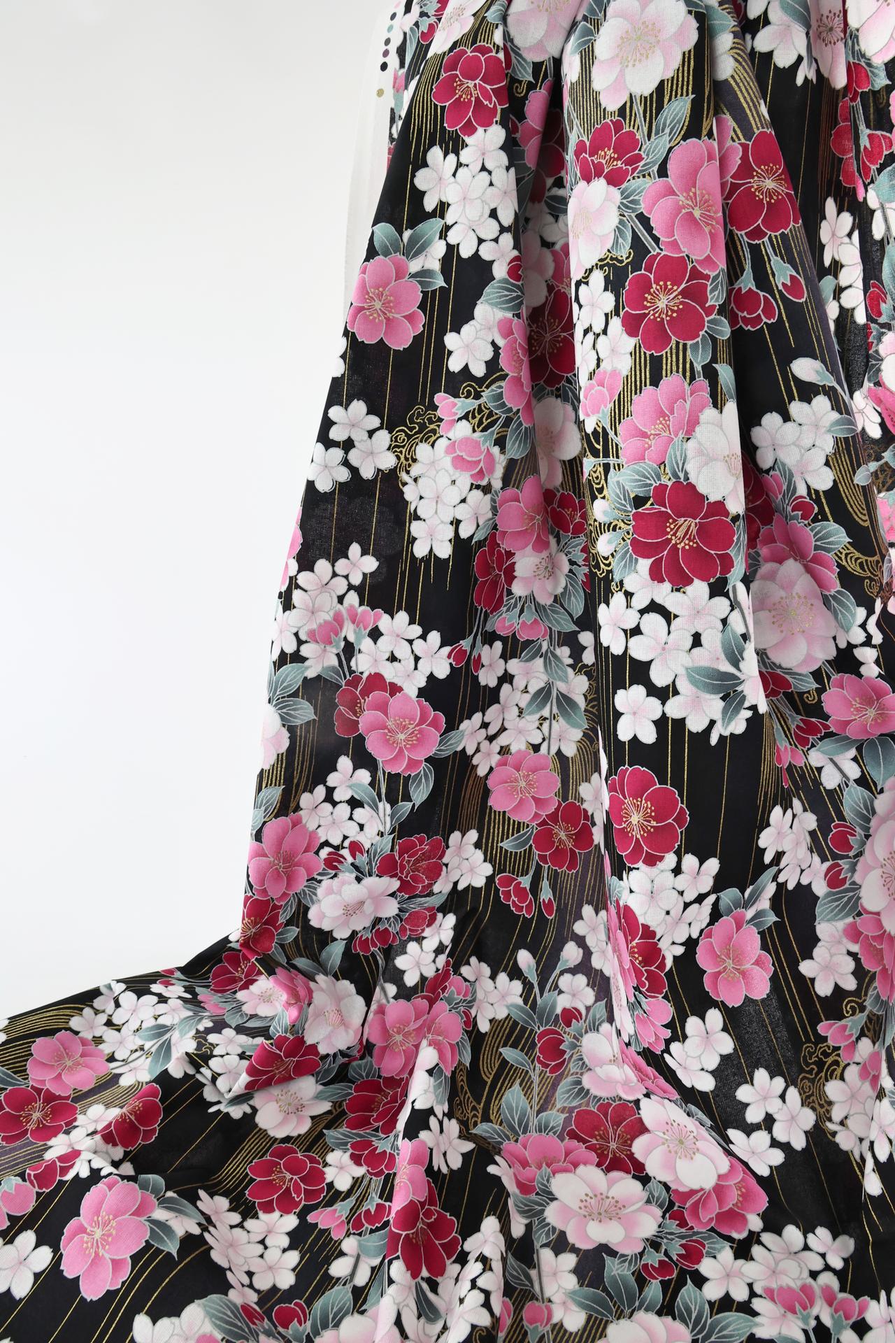 Japanese fabric golden sakura bouquets black background