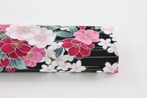 Japanese fabric golden sakura bouquets black background