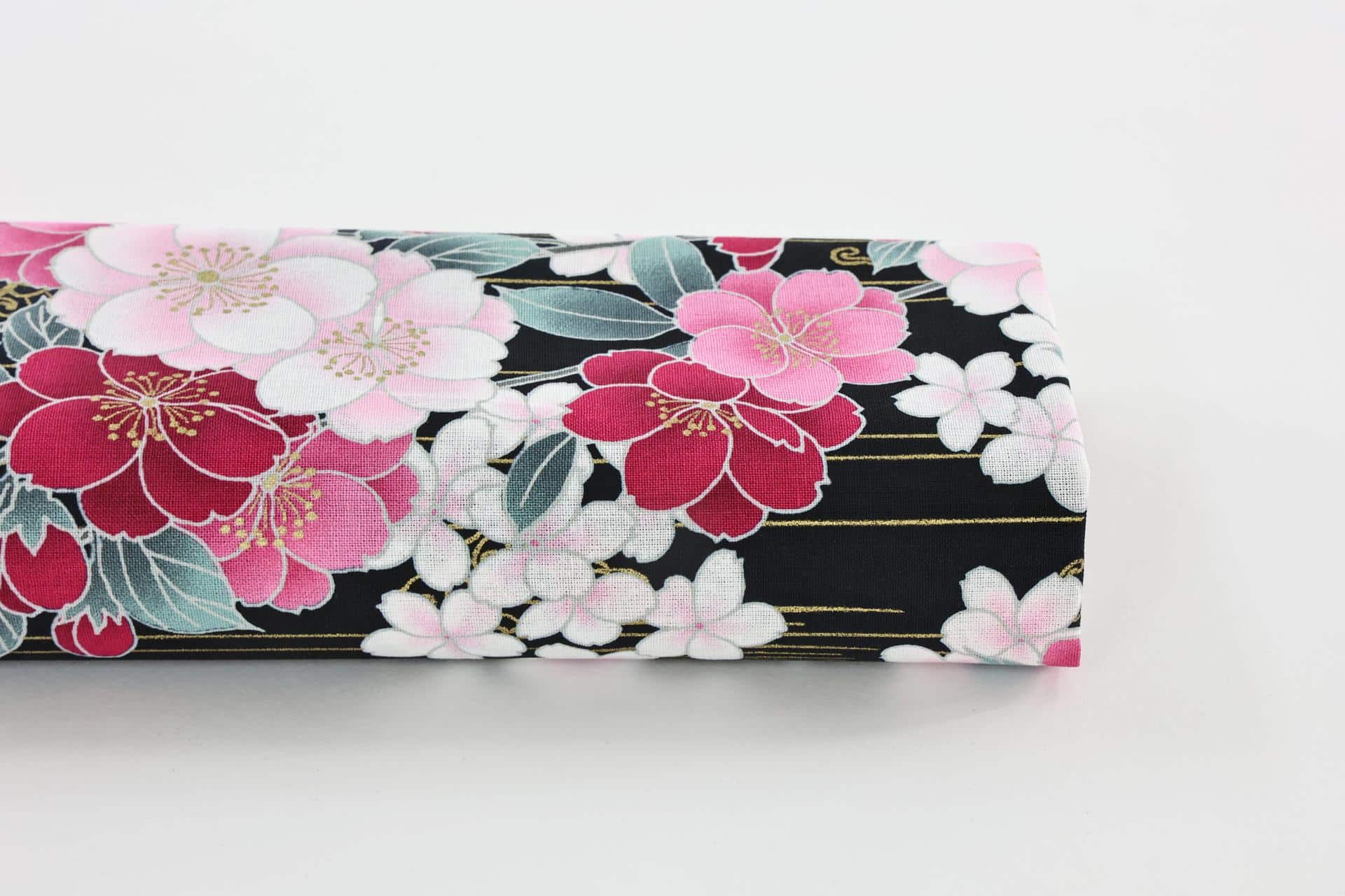 Japanese fabric golden sakura bouquets black background