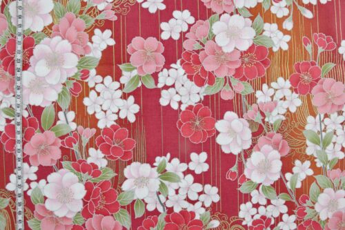 Japanese fabric golden sakura bouquets red background