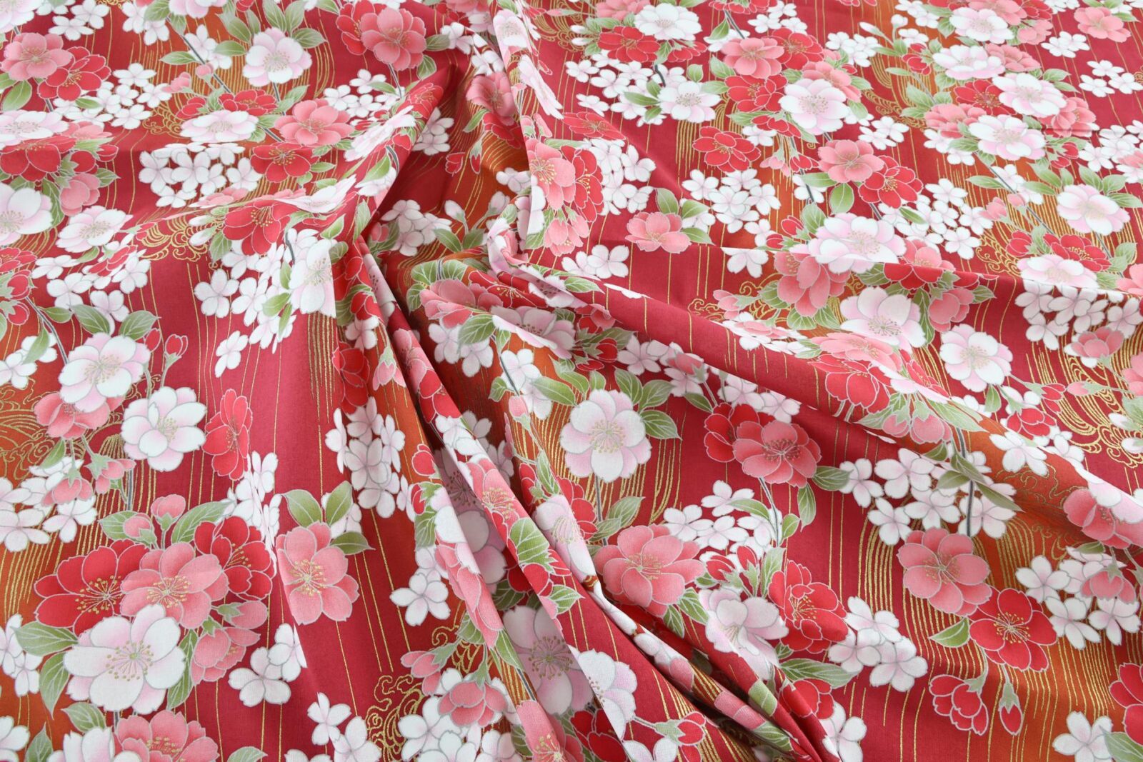 Japanese fabric golden sakura bouquets red background