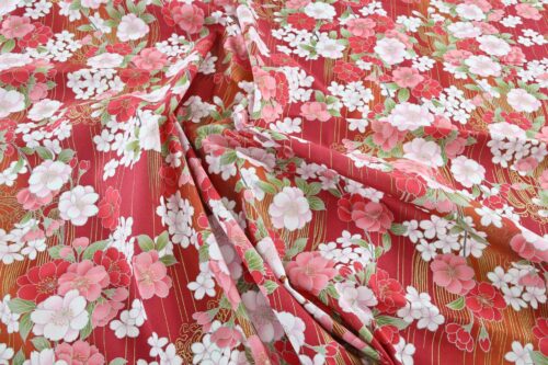 Japanese fabric golden sakura bouquets red background