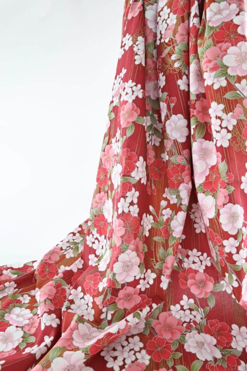 Japanese fabric golden sakura bouquets red background