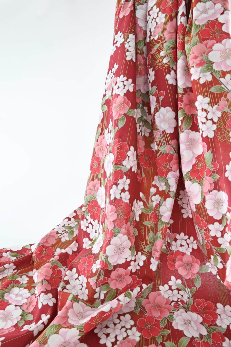 Japanese fabric golden sakura bouquets red background