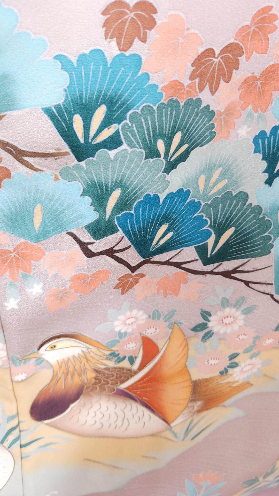 Light grey-lilac Tomesode with mandarin ducks