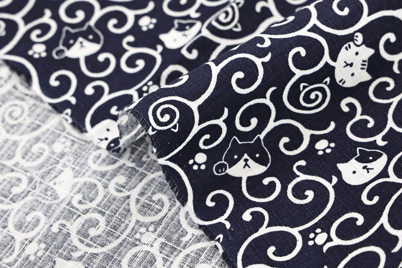 Maneki Neko Karakusa fabric blue background