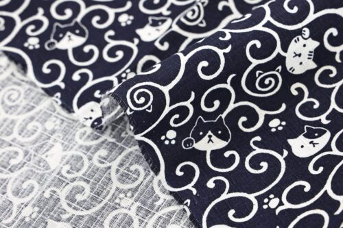 Maneki Neko Karakusa fabric blue background