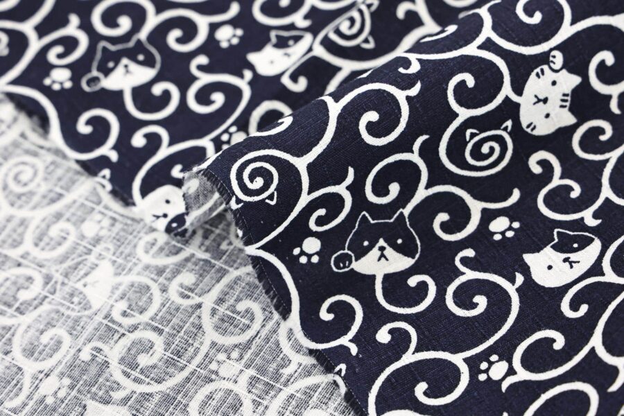 Maneki Neko Karakusa fabric blue background