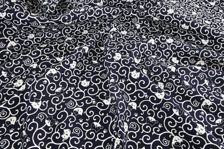 Maneki Neko Karakusa fabric blue background