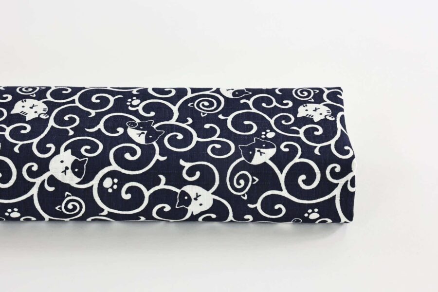 Maneki Neko Karakusa fabric blue background