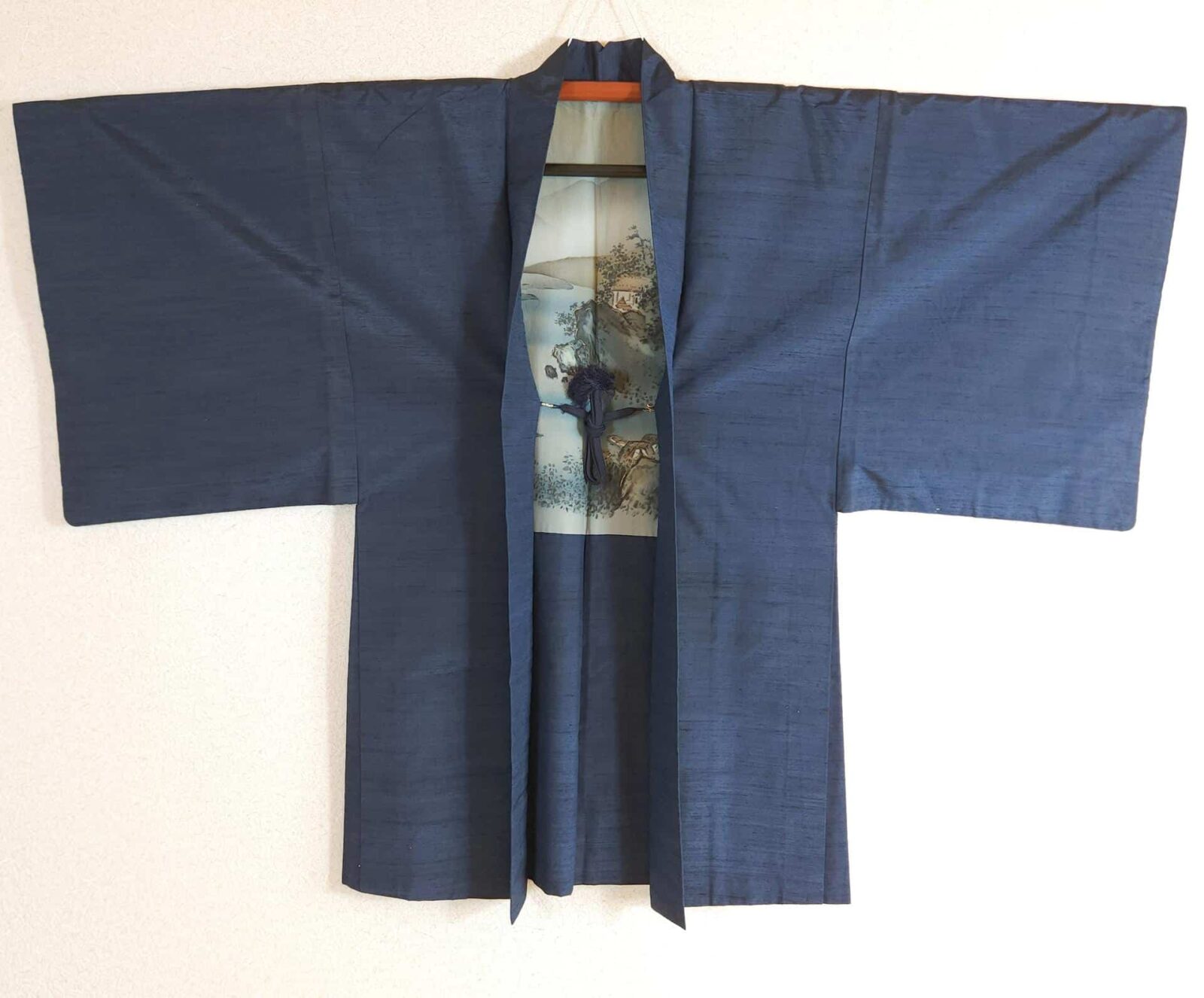 Navy blue men's Haori with village and landscape