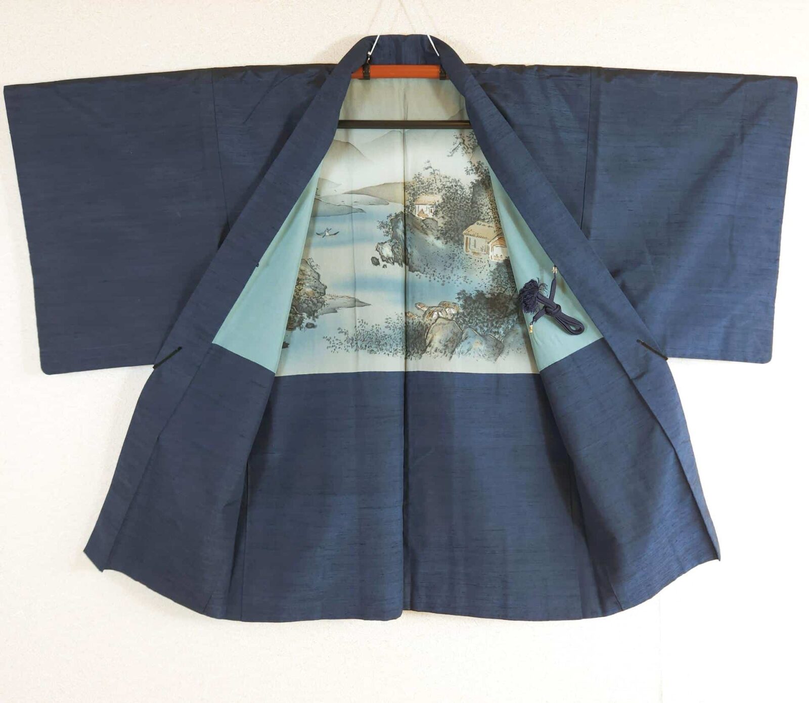 Navy blue men's Haori with village and landscape