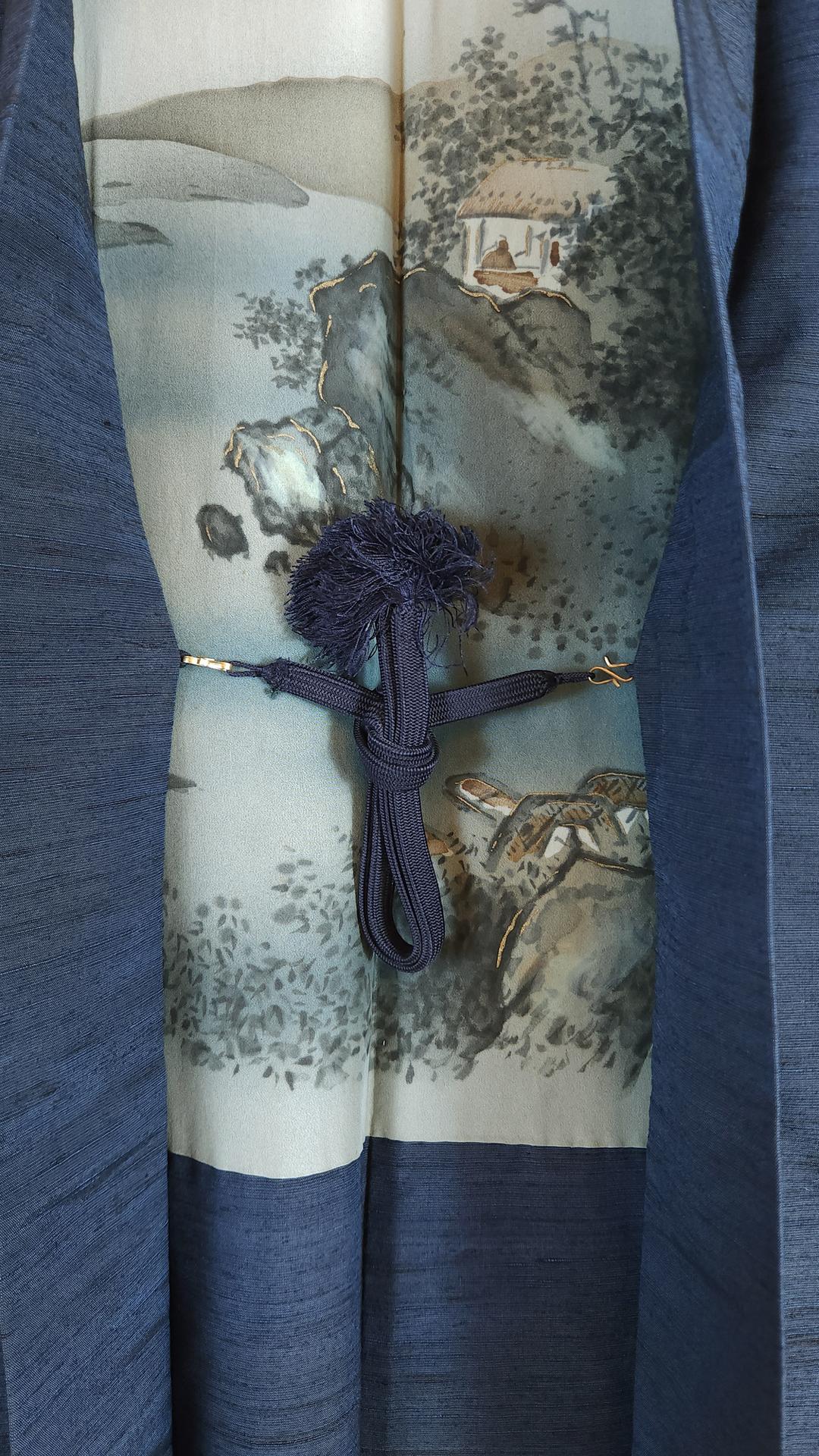 Navy blue men's Haori with village and landscape