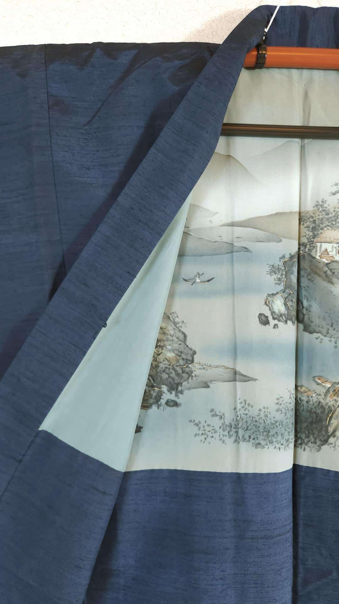 Navy blue men's Haori with village and landscape