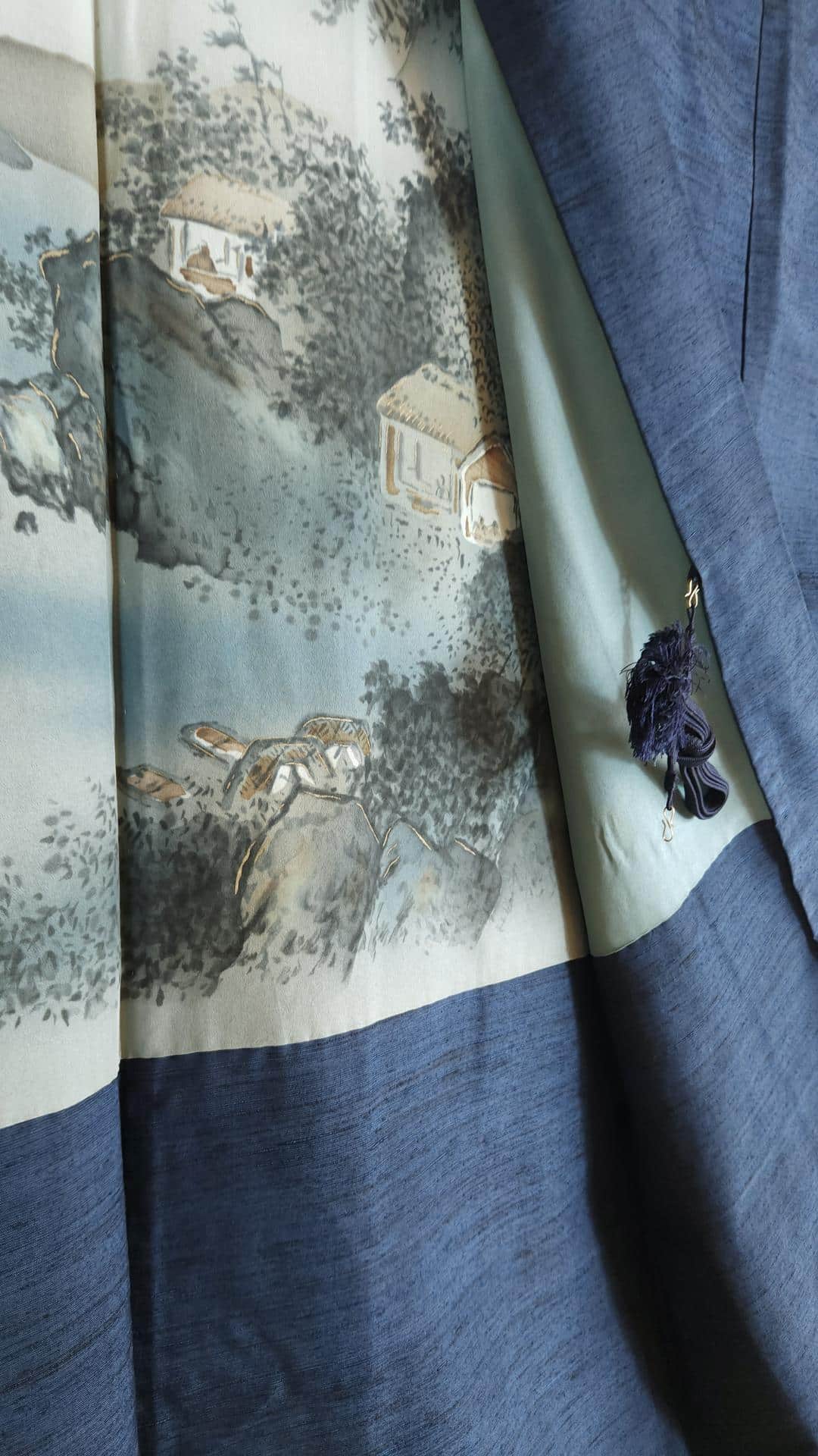 Navy blue men's Haori with village and landscape