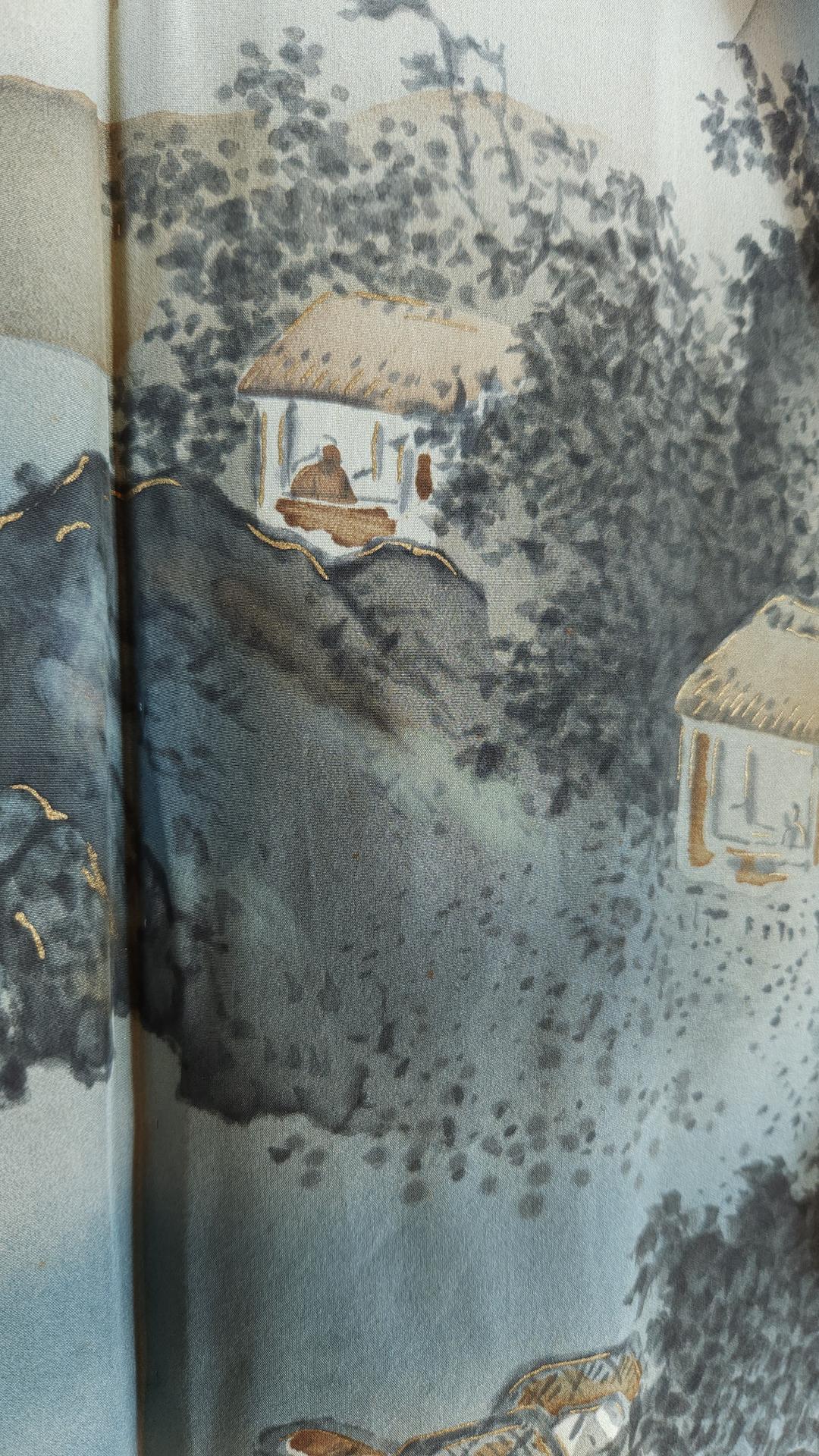 Navy blue men's Haori with village and landscape