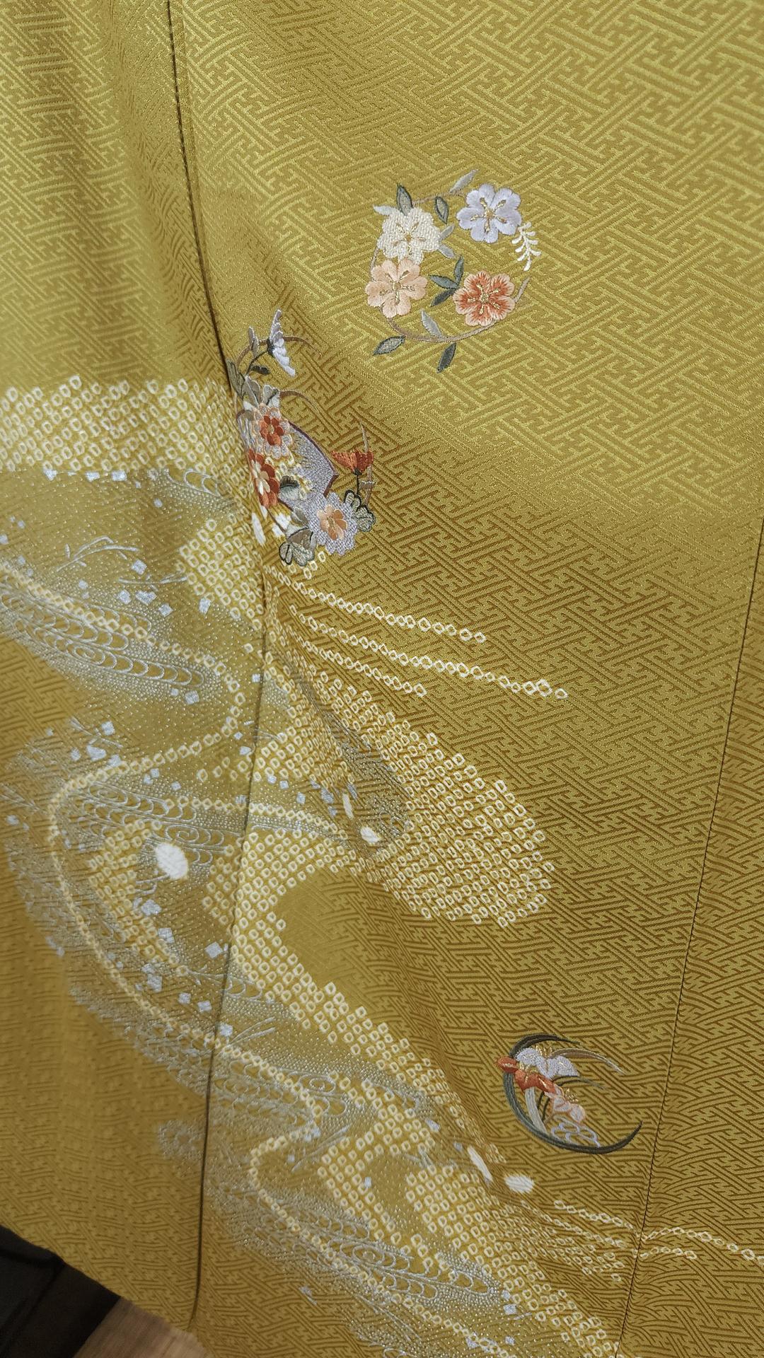 Yellow brocade Houmongi Kimono embroidery floral