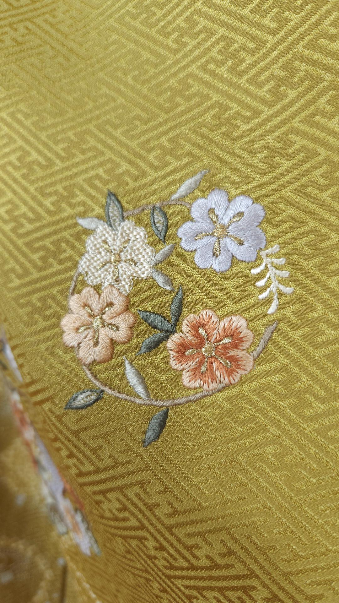 Yellow brocade Houmongi Kimono embroidery floral