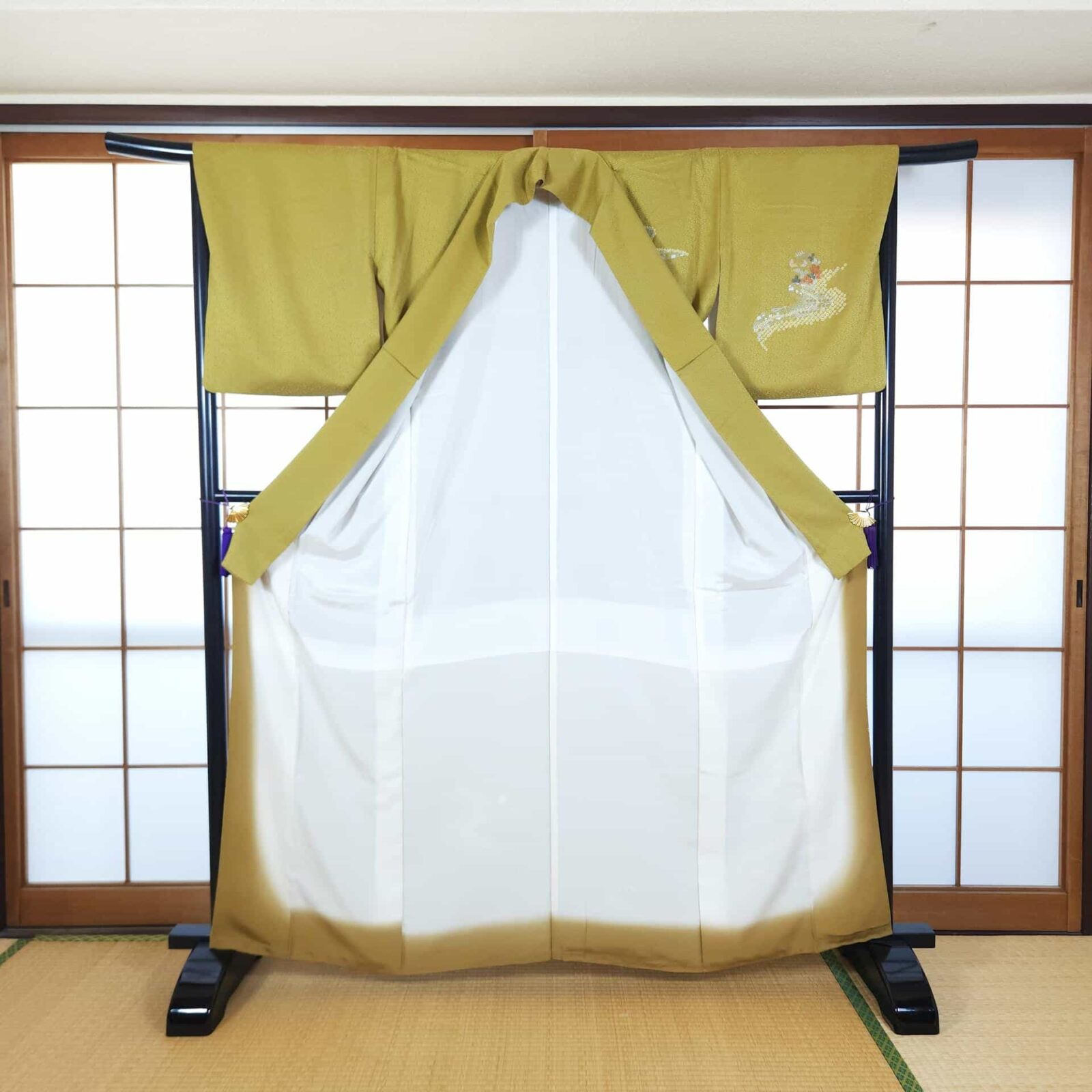 Yellow brocade Houmongi Kimono embroidery floral