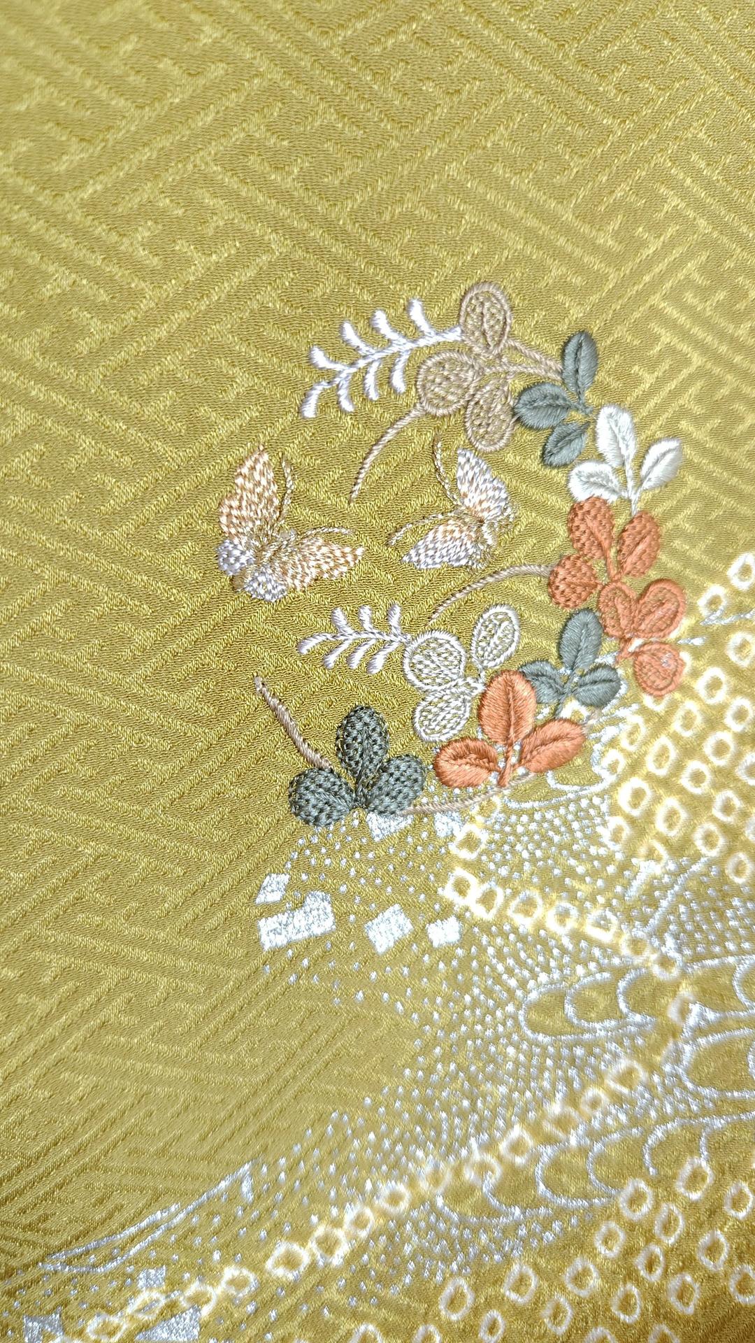 Yellow brocade Houmongi Kimono embroidery floral