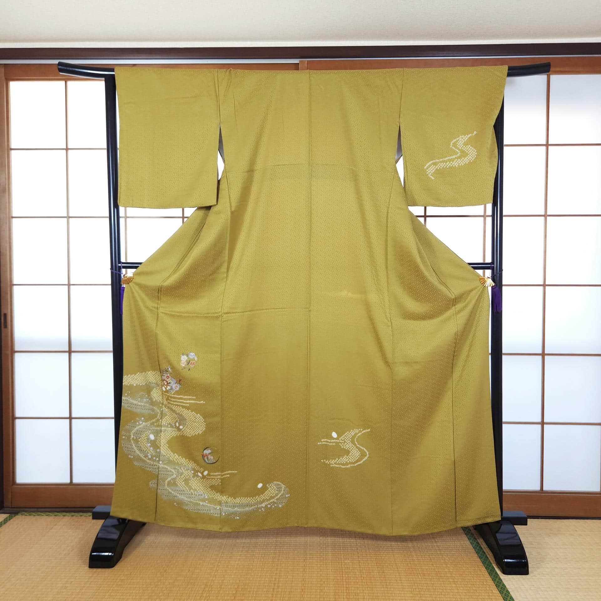 Yellow brocade Houmongi Kimono embroidery floral